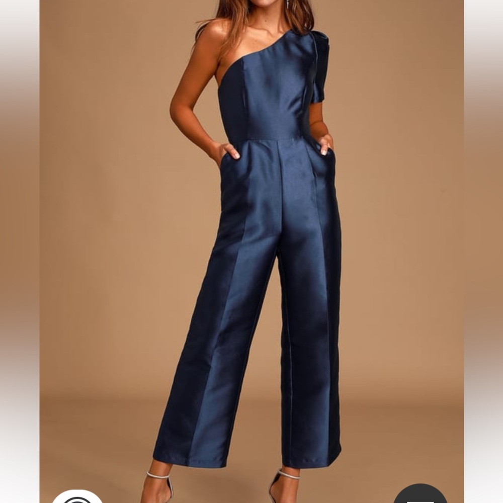 Lulus Divine Dream Navy Blue Satin One shoulder culotte jumpsuit